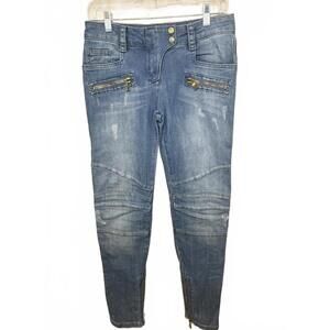 Balmain Paris Slim Fit Biker Jeans Medium Wash Gold Lion Buttons Size 28